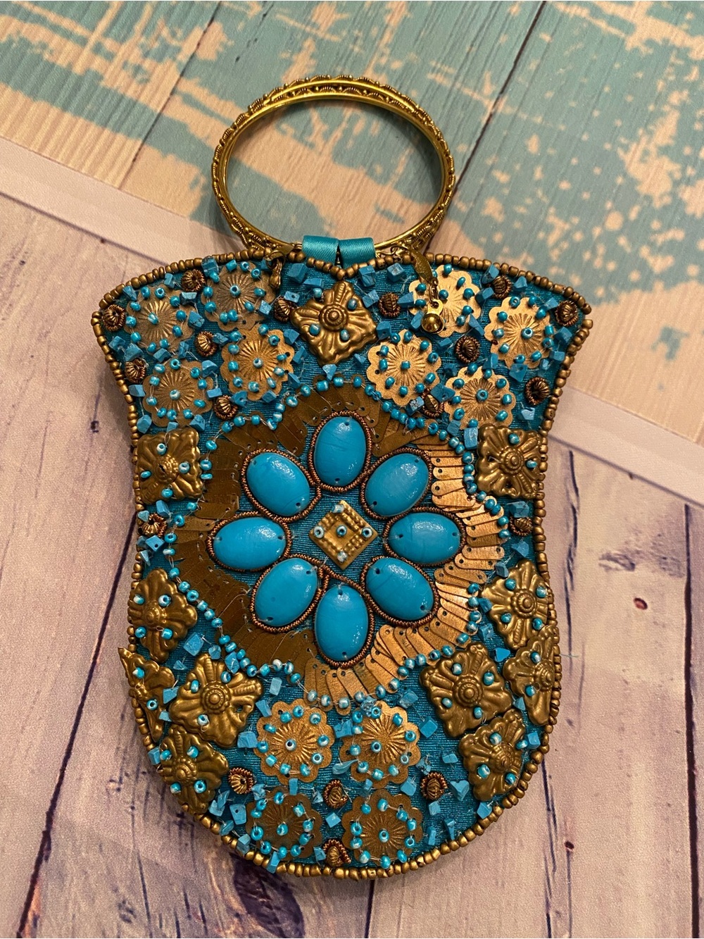 Turquoise and Gold Embellished Women's Handbag